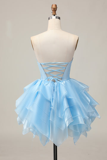 Blue A-Line Strapless Tiered Ruffle Homecoming Dress